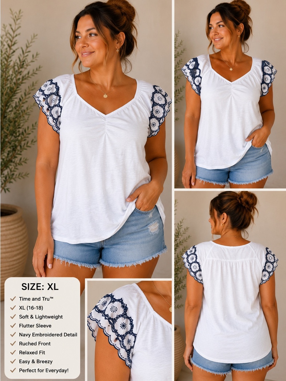 Time and Tru White Embroidered Flutter Sleeve Top XL (16-18) Boho